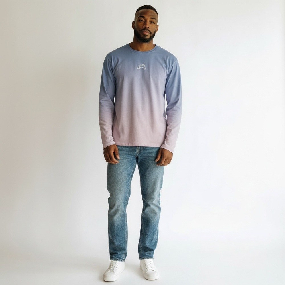 Alphalete Men's Oversized Ombré Wolf Head Long Sleeve Top Shirt Blue Medium